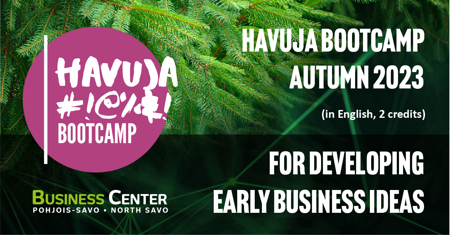Business Center Pohjois-Savon Havuja Bootcamp -ohjelman mainoskuva, jossa lukee For developing early business ideas, in english, 2 credits.